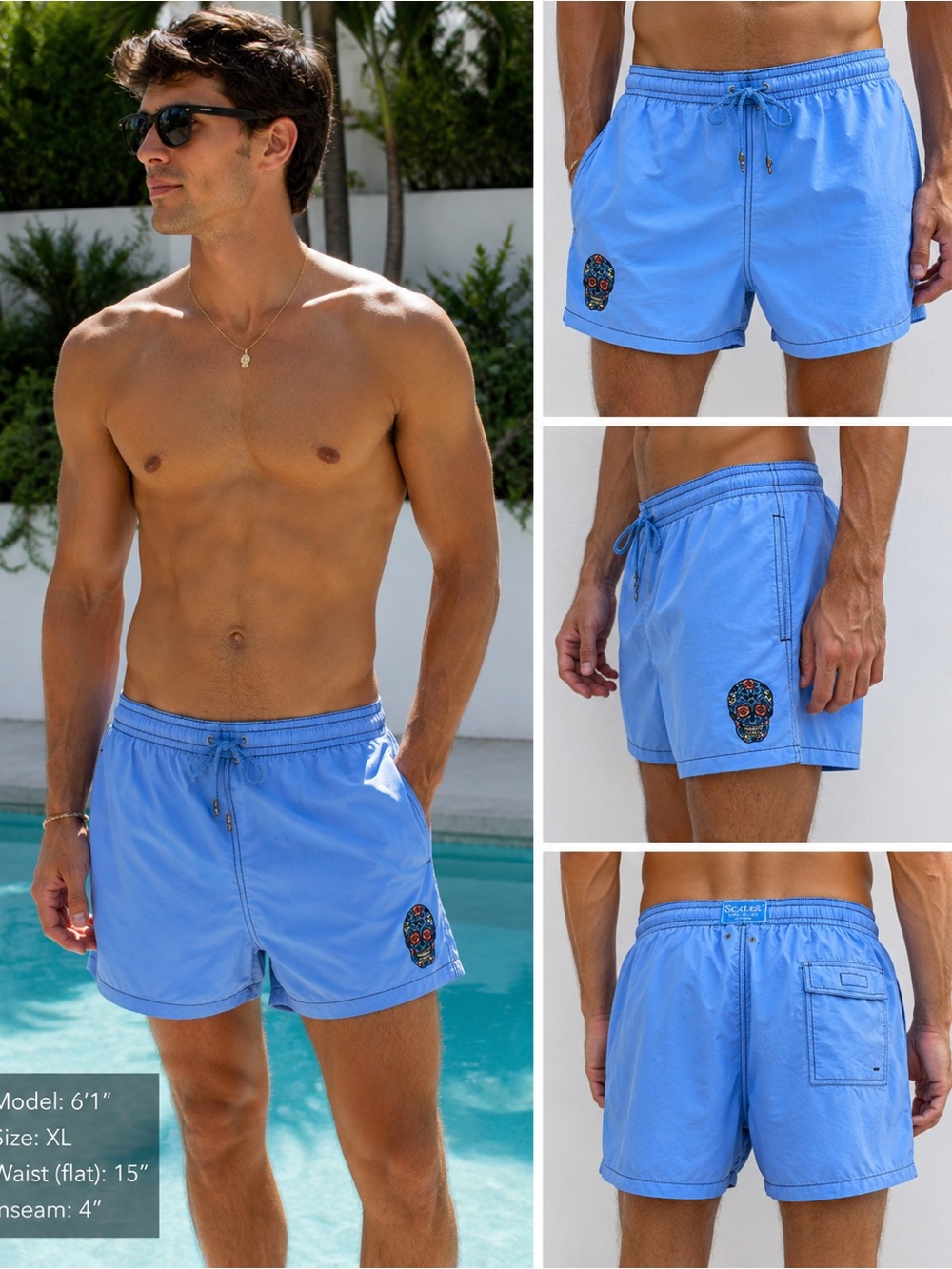 Scalise Bains De Mer St Tropez Swim Trunks Men’s XL Blue Skull Patch Mesh Lined